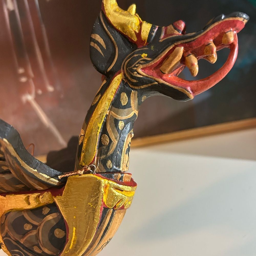 Vtg 90s 11.5" Dragon Naga Flying Hanging Green/Gold Handmade Wooden Bali Folkart - Picture 12 of 15